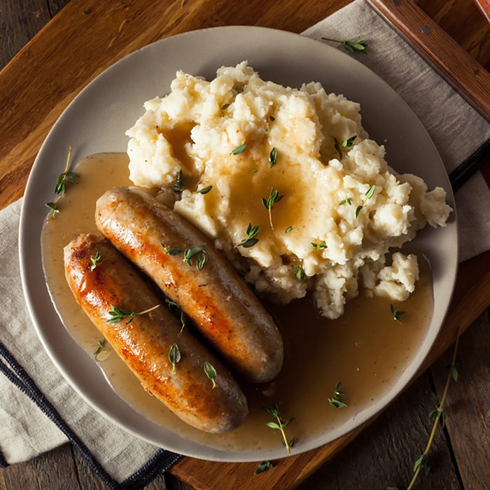 Homemade Bangers and Mash with Herbs and Gravy