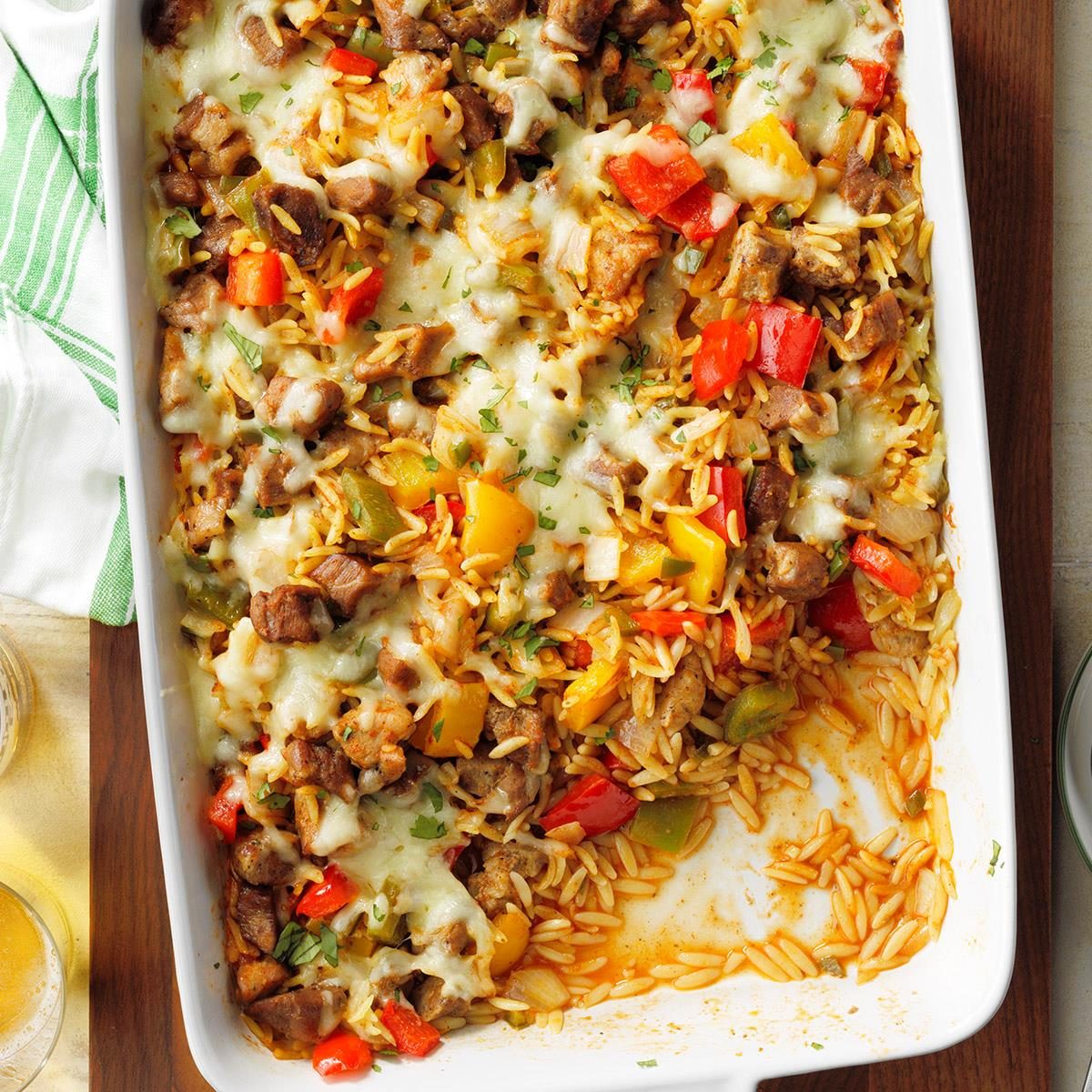 Carnitas with Orzo and Peppers in Red Mole Sauce