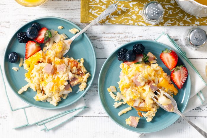 Ham And Cheese Breakfast Casserole served in two small plates