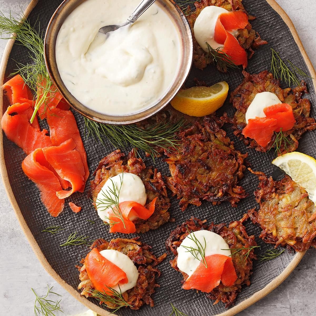 Parsnip Latkes with Lox and Horseradish Creme