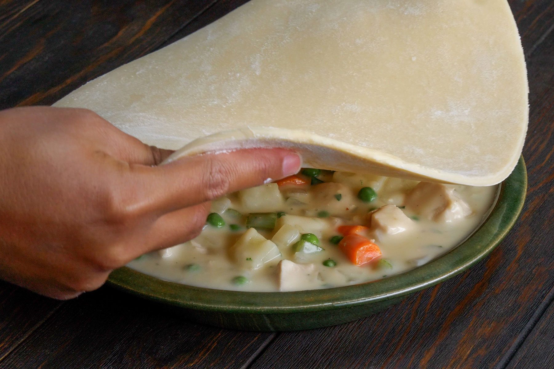 Pie crusts is rolled over on Turkey mixture