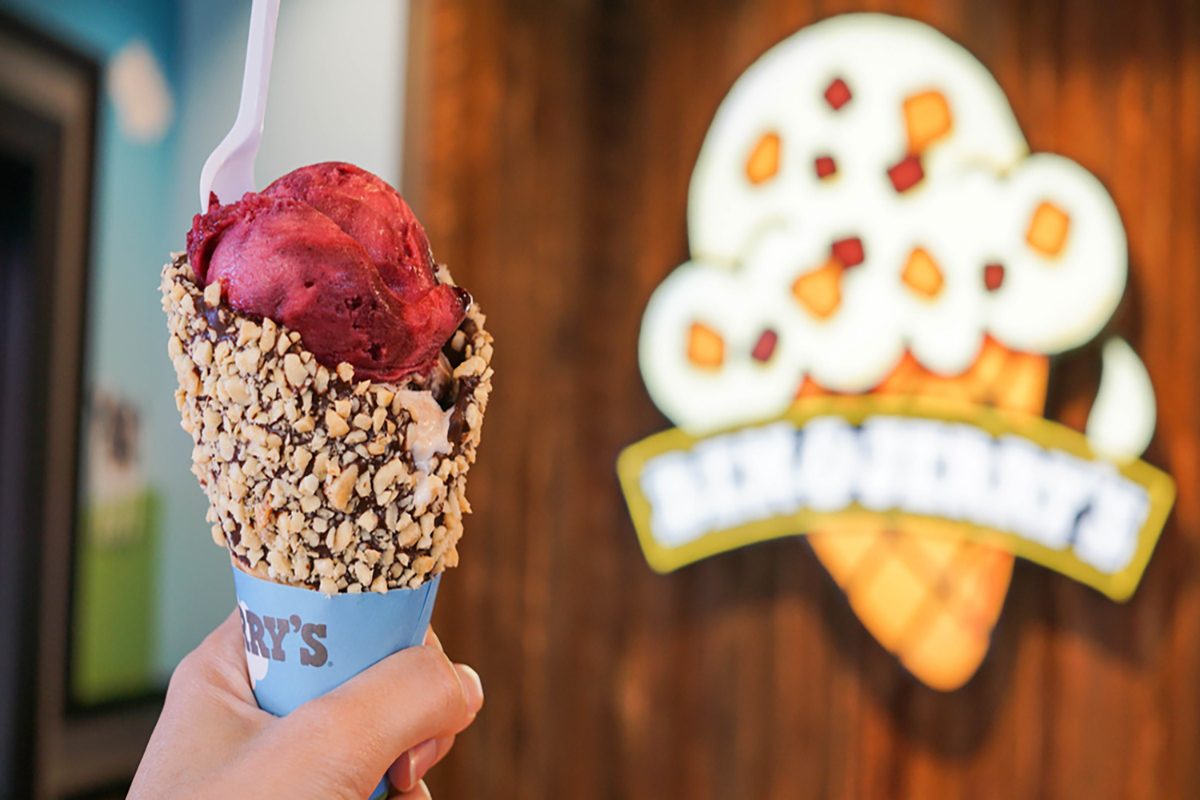 Ben and Jerry's Ice-cream berry sorbet on chocolate almond cone;