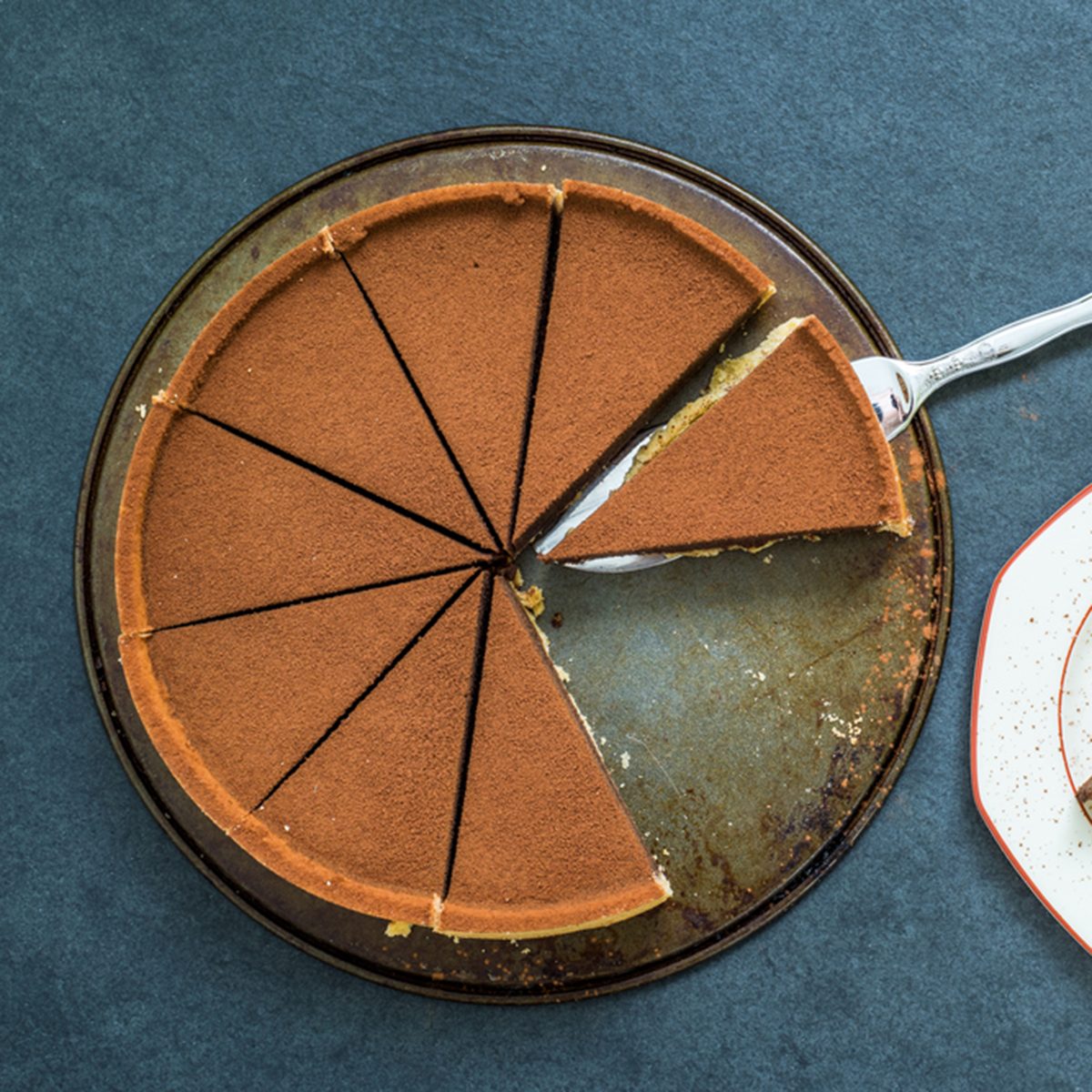 dark chocolate tort perfectly sliced for sharing