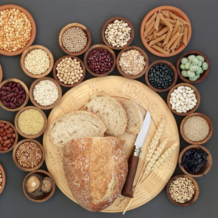 Dried macrobiotic health food with sour dough bread, nobu and soba noodles, legumes, seaweed, grains, cereals, seeds, wasabi nuts and whole wheat pasta.