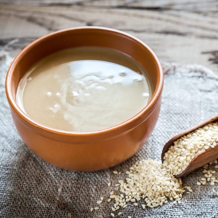 Bowl of tahini with sesame seeds