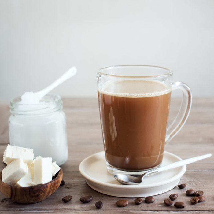 Bulletproof coffee, blended with organic butter and MCT coconut oil