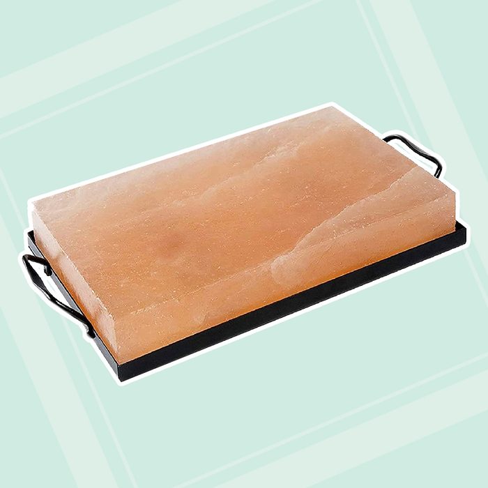 UMAID Natural Himalayan Rock Salt Block Cooking Plate 12 X 8 X 1.5 for Cooking, Grilling, Cutting and Serving, Food Grade Salt with Metal Steel Tray Set with Recipe Pamphlet