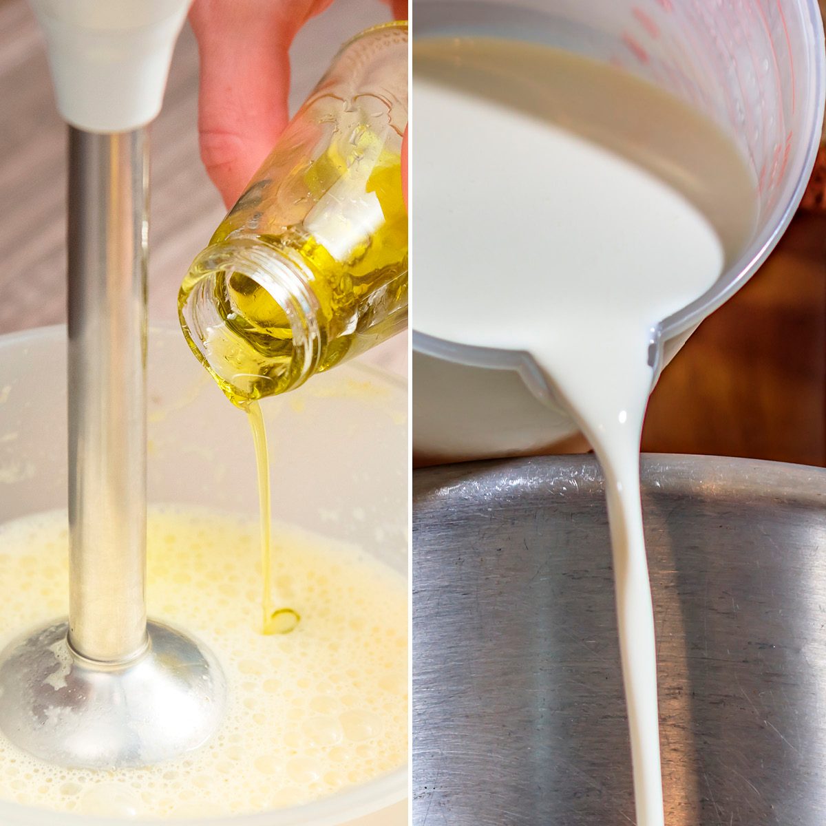 close-up whipping the mixture of homemade mayonnaise with a blender in a plastic bowl. olive oil; Shutterstock ID 1477938080; Job (TFH, TOH, RD, BNB, CWM, CM): TOH cream pouring into a bowl ready to whip up and layer; Shutterstock ID 1088041406; Job (TFH, TOH, RD, BNB, CWM, CM): TOH
