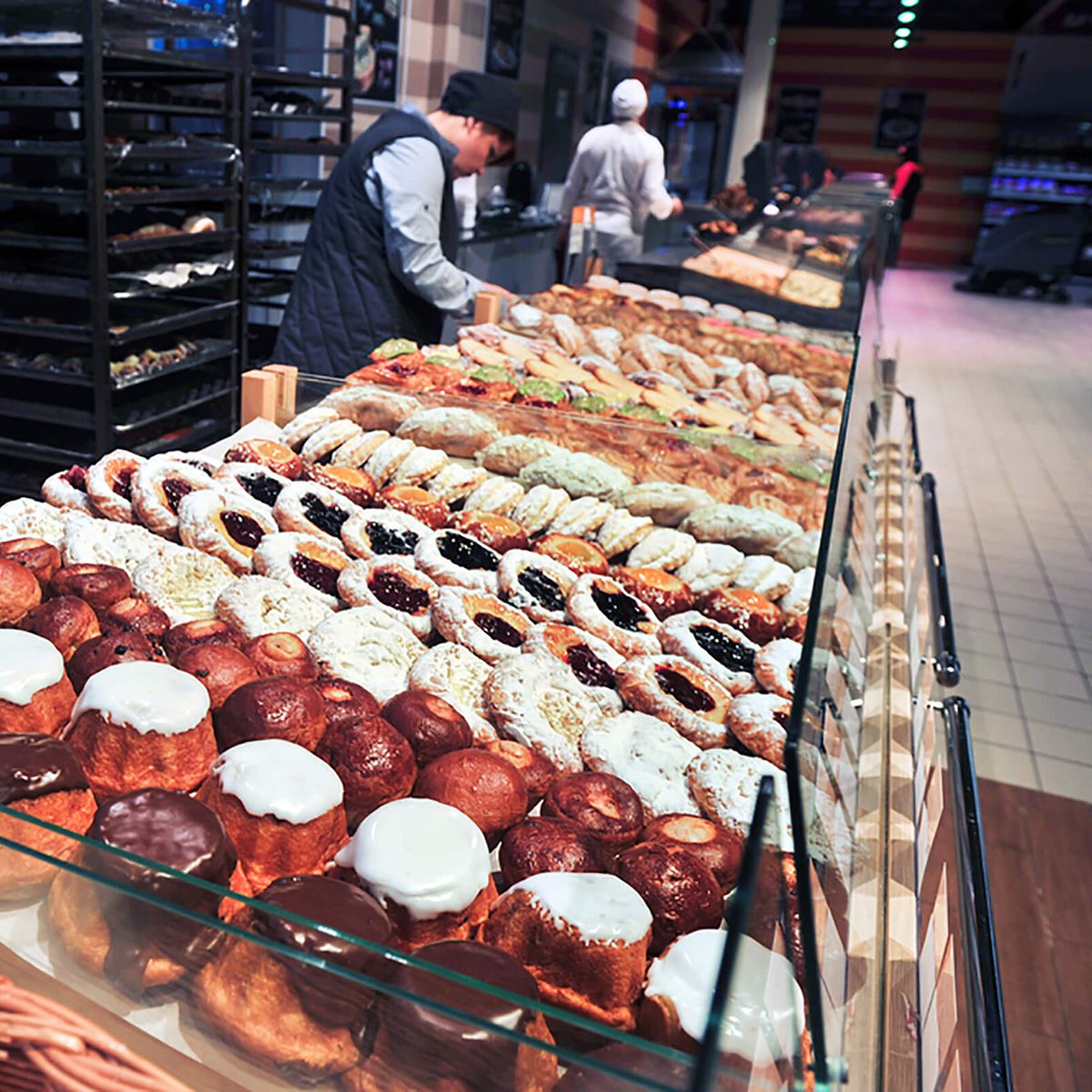 Baked treats in a case at supermarket