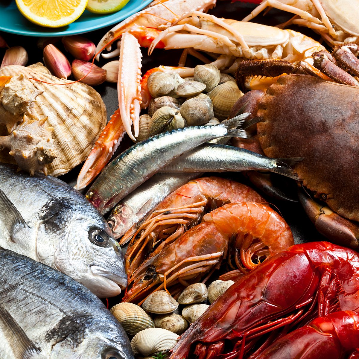 High angle view of a large group of seafood like fish, crustacean and mollusk. The composition includes two sea bream, giant red shrimp, prawn, crab, clam and scallop. DSRL studio photo taken with Canon EOS 5D Mk II and Canon EF 100mm f/2.8L Macro IS USM