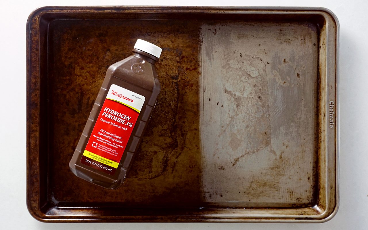 Cleaning baking sheets with hydrogen peroxide