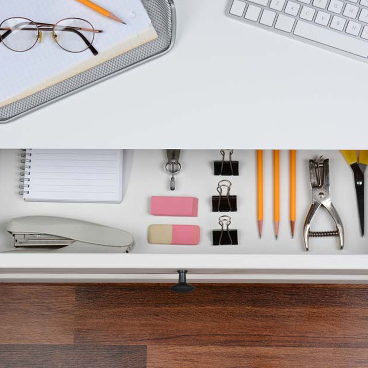Desk with open drawer