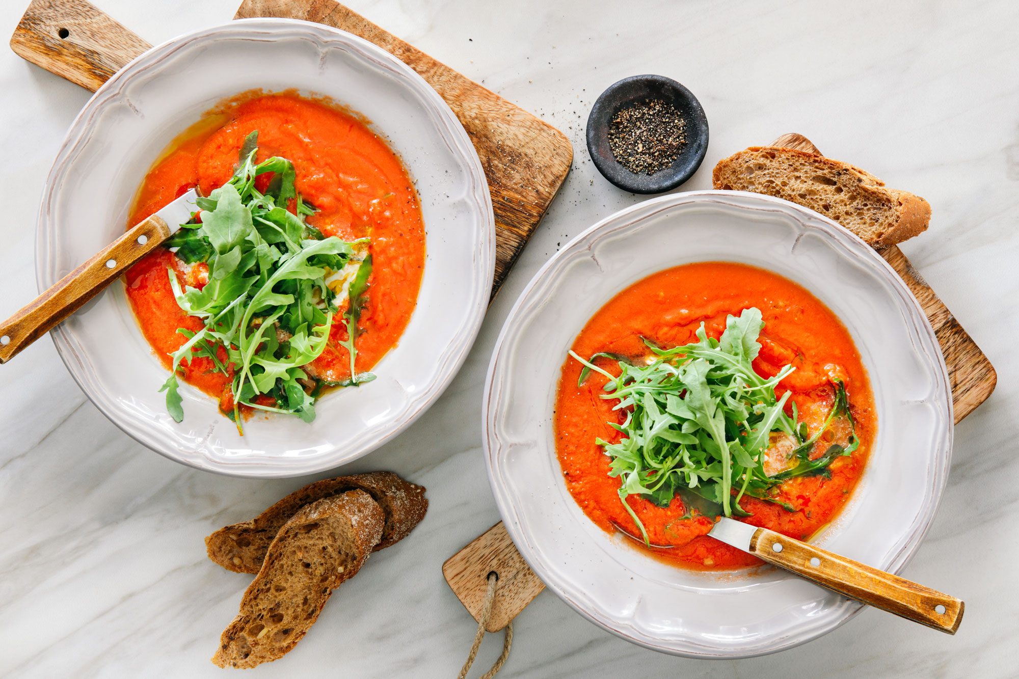 Tomato Soup With Stracciatella Served In Plates On Marble Surface Gettyimages 1010488244 Ksedit