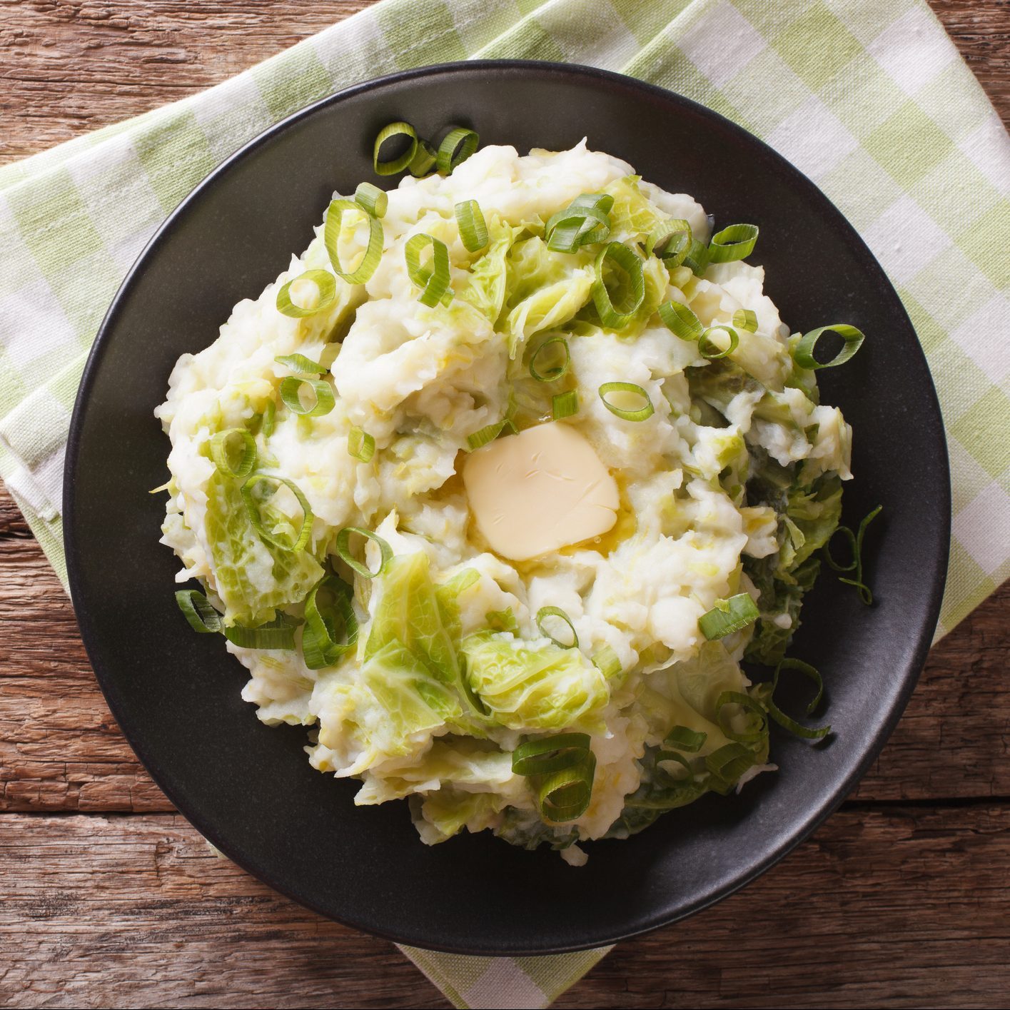 Irish colcannon, mashed potatoes with savoy cabbage closeup