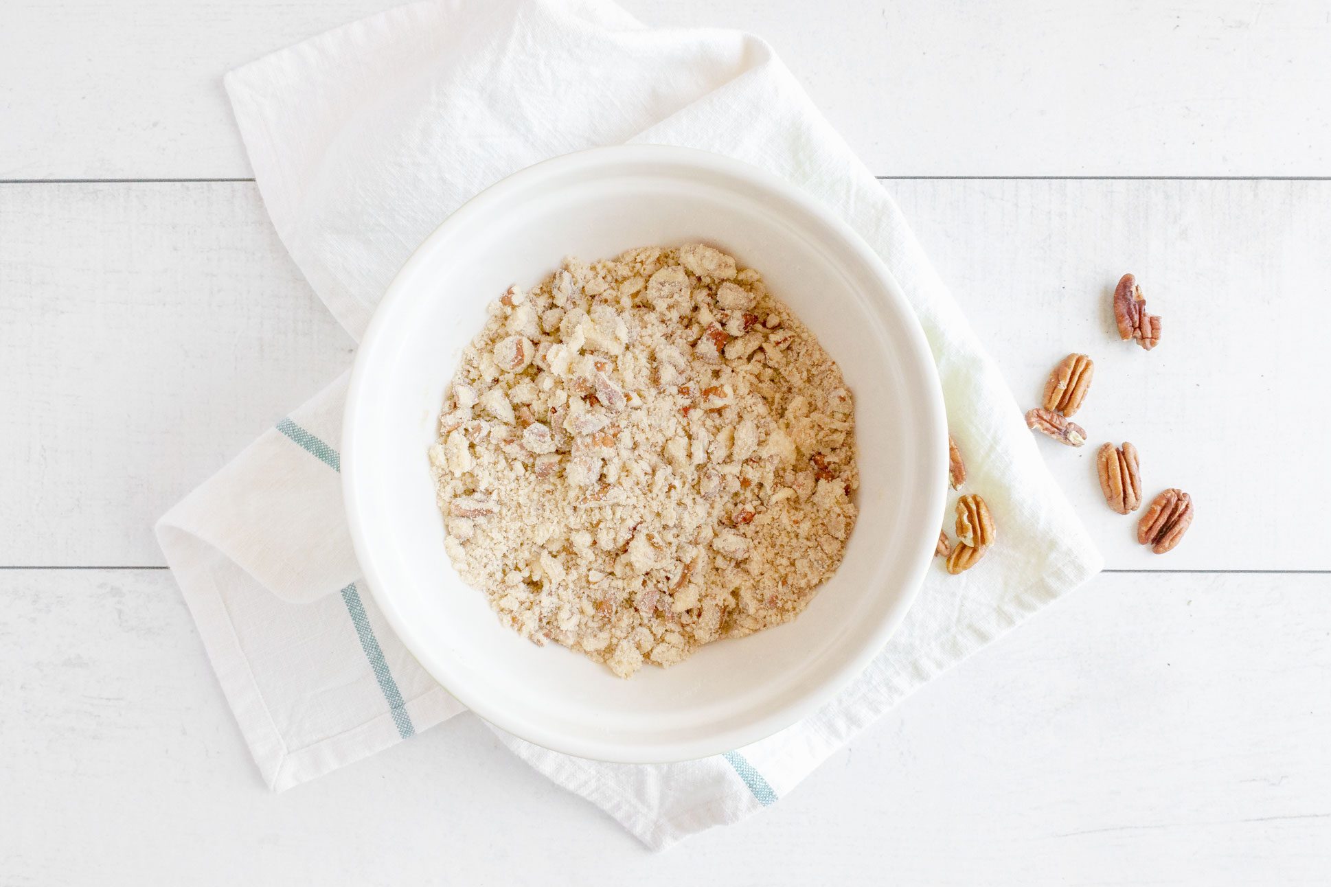 brown sugar, chopped pecans, flour and sliced butter in a bowl for streusel topping