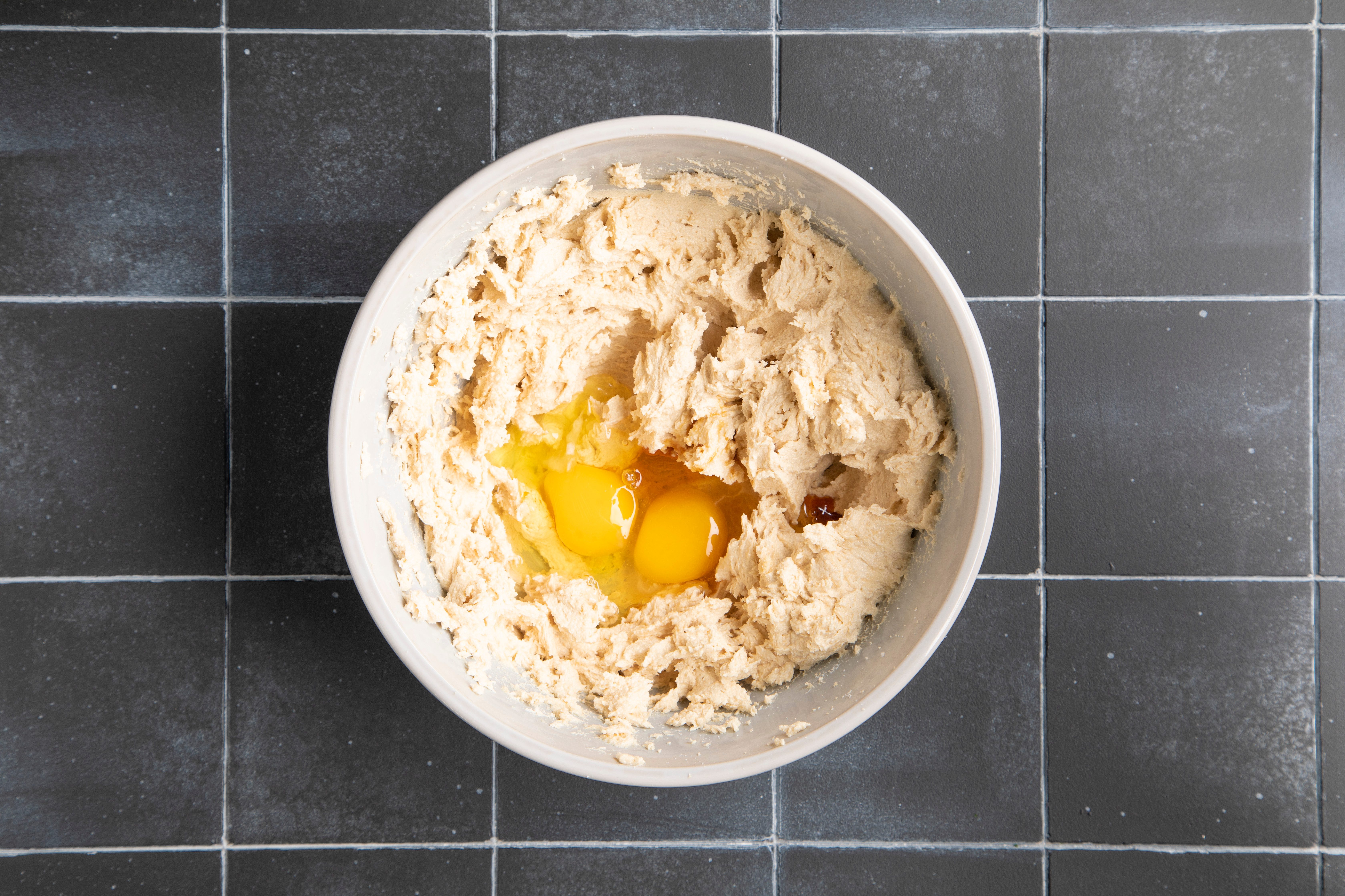 beat eggs and add vanilla