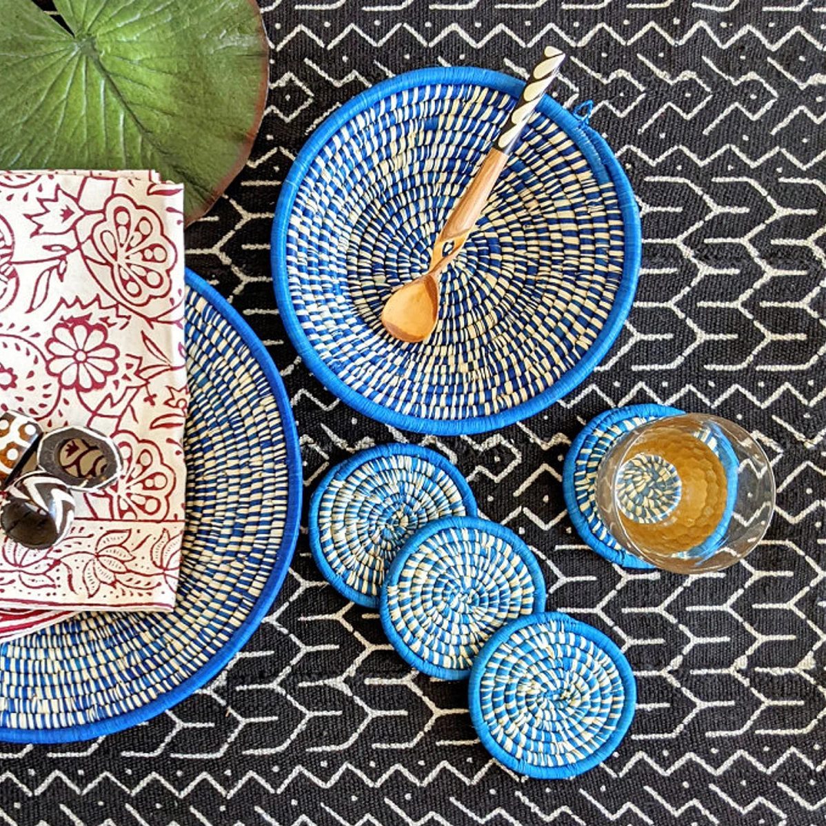 Blue White Raffia Coaster Set Ecomm Via Etsy.com