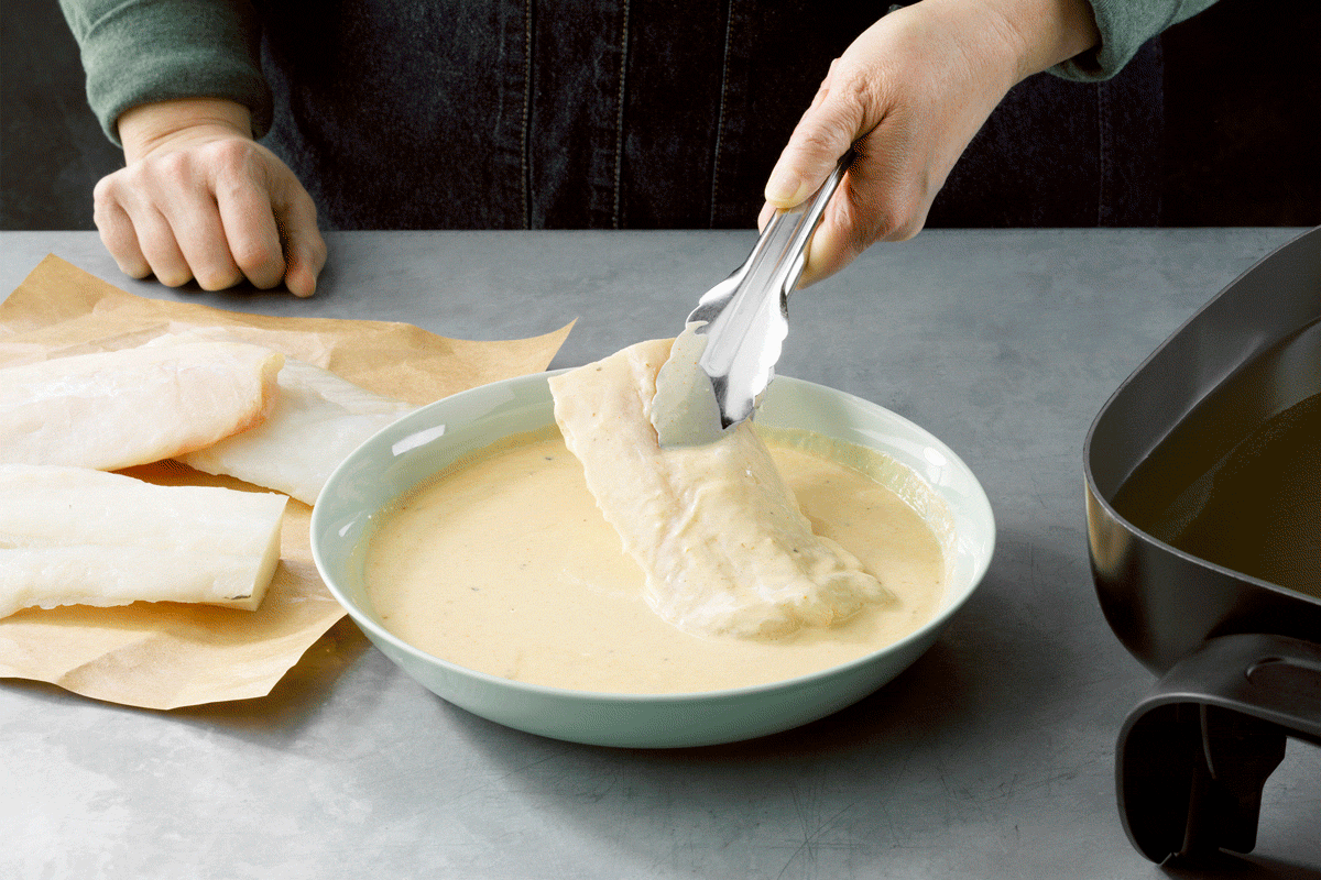 coating and frying Beer Battered Fish gif