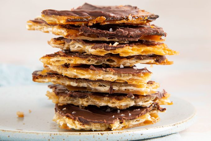 Chocolate Covered Matzo on a white plate