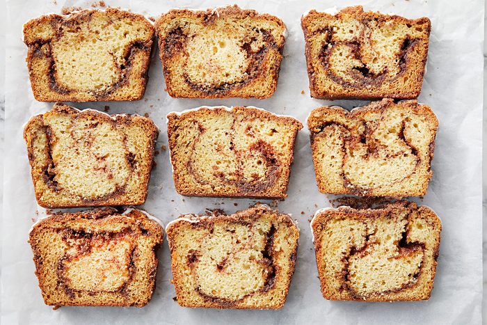 overhead shot of cinnamon bread slices; white background; white background;