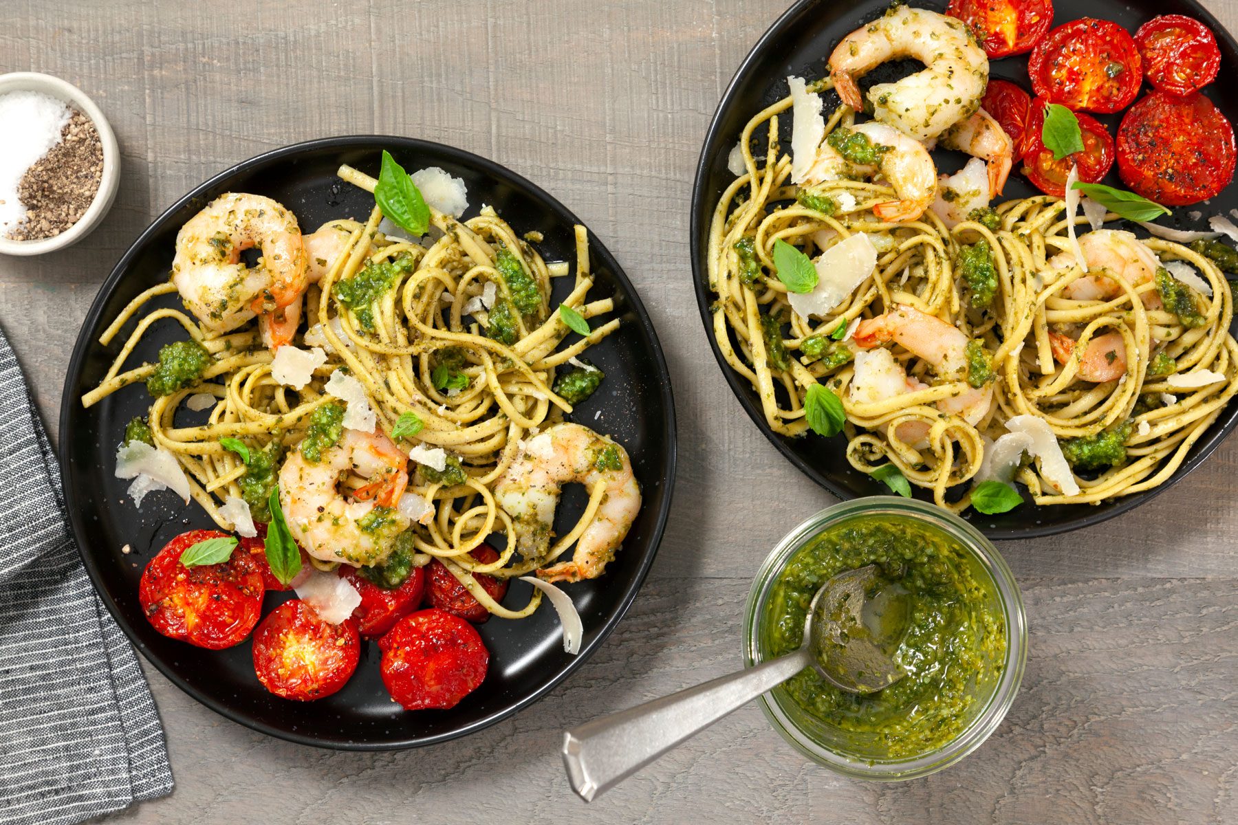 Classic Pesto served with noodles, placed on a wooden table