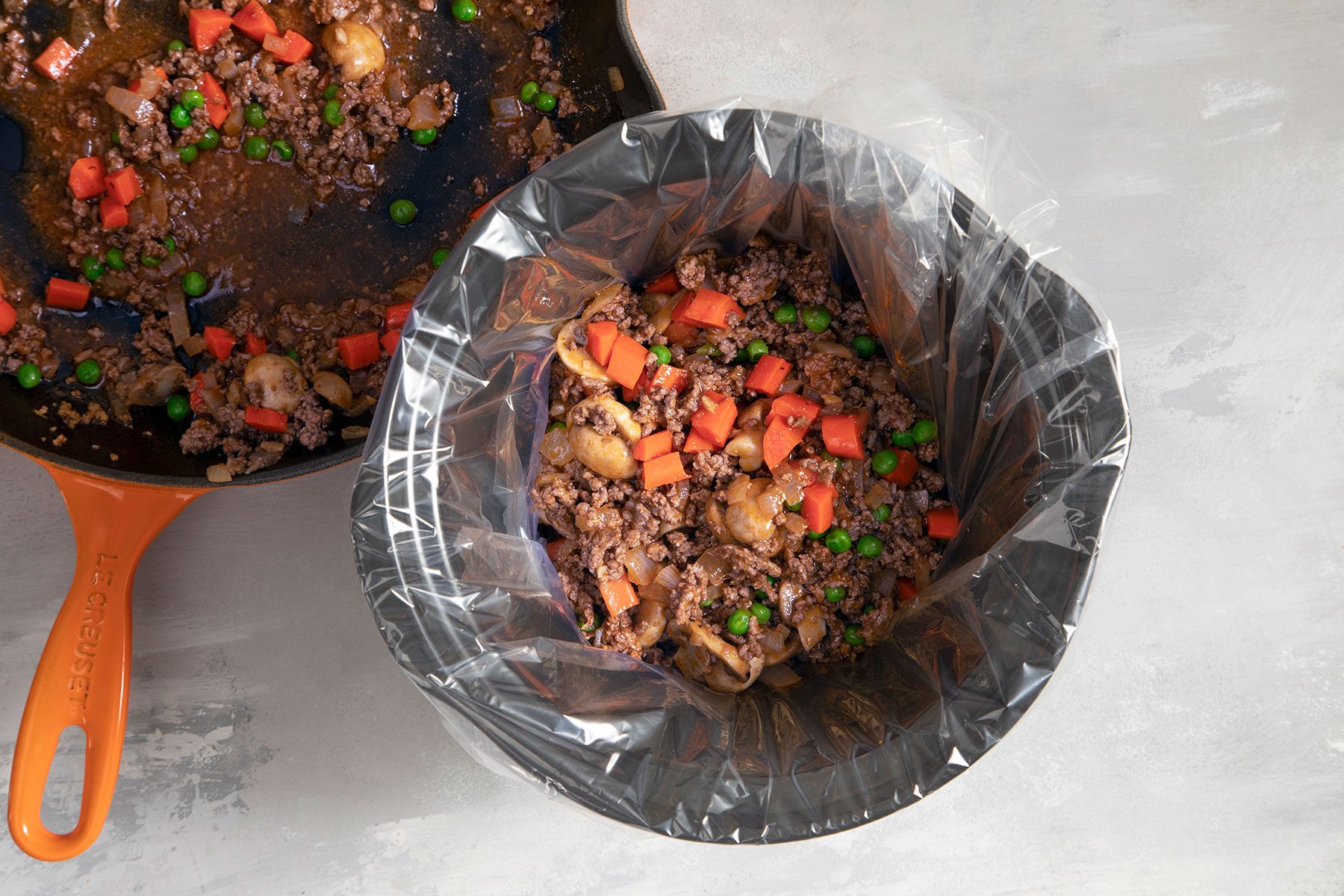 Meat mixture transferred to slow cooker