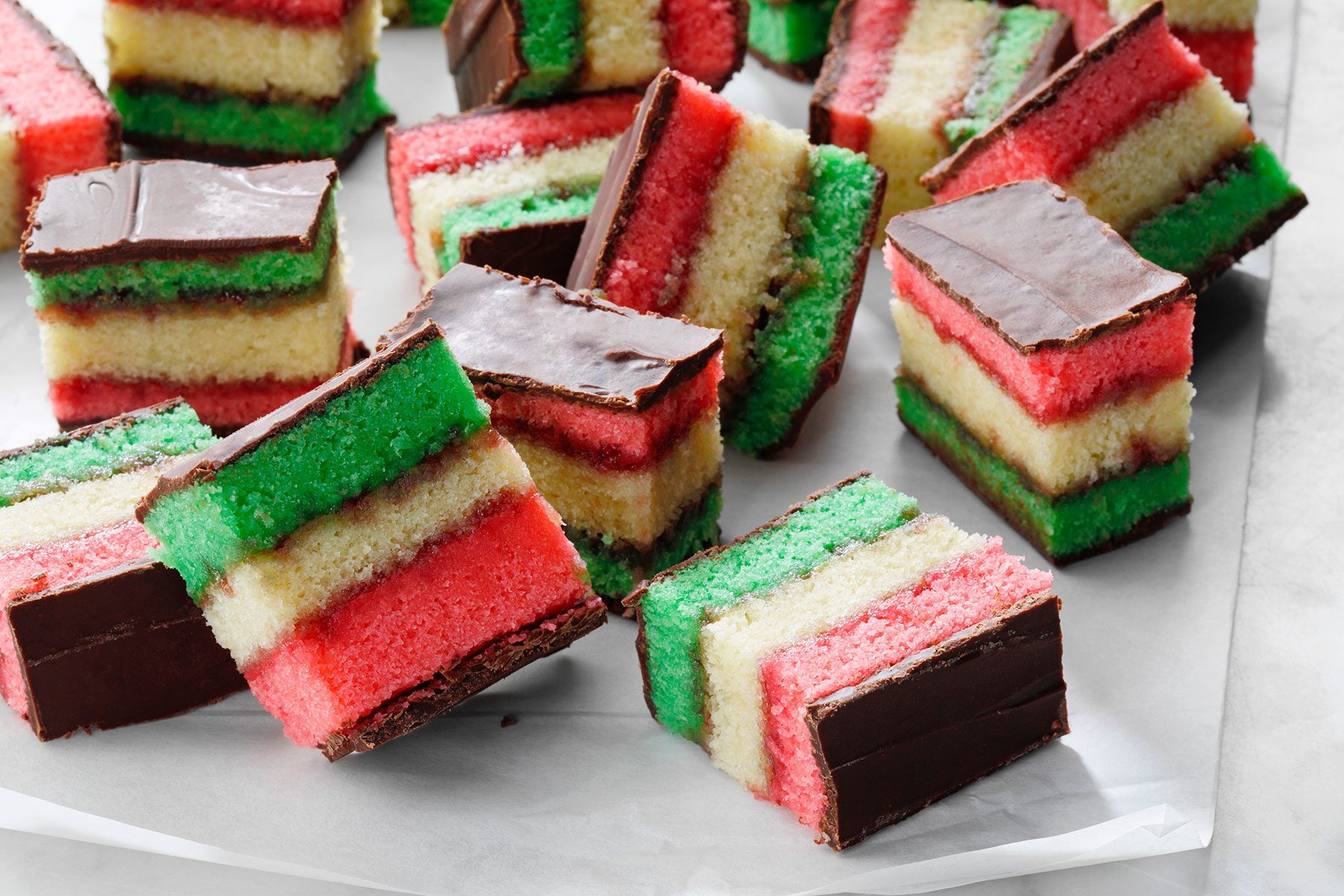 Italian Rainbow Cookies on white plate