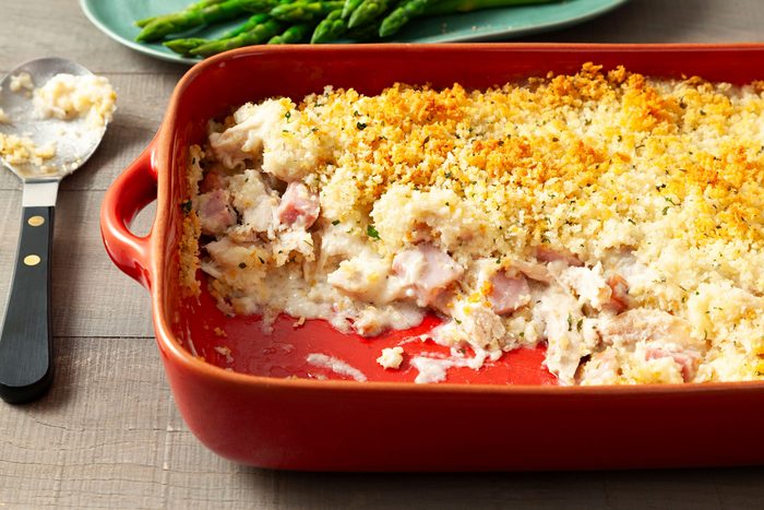 Chicken Cordon Bleu Casserole served in a baking dish