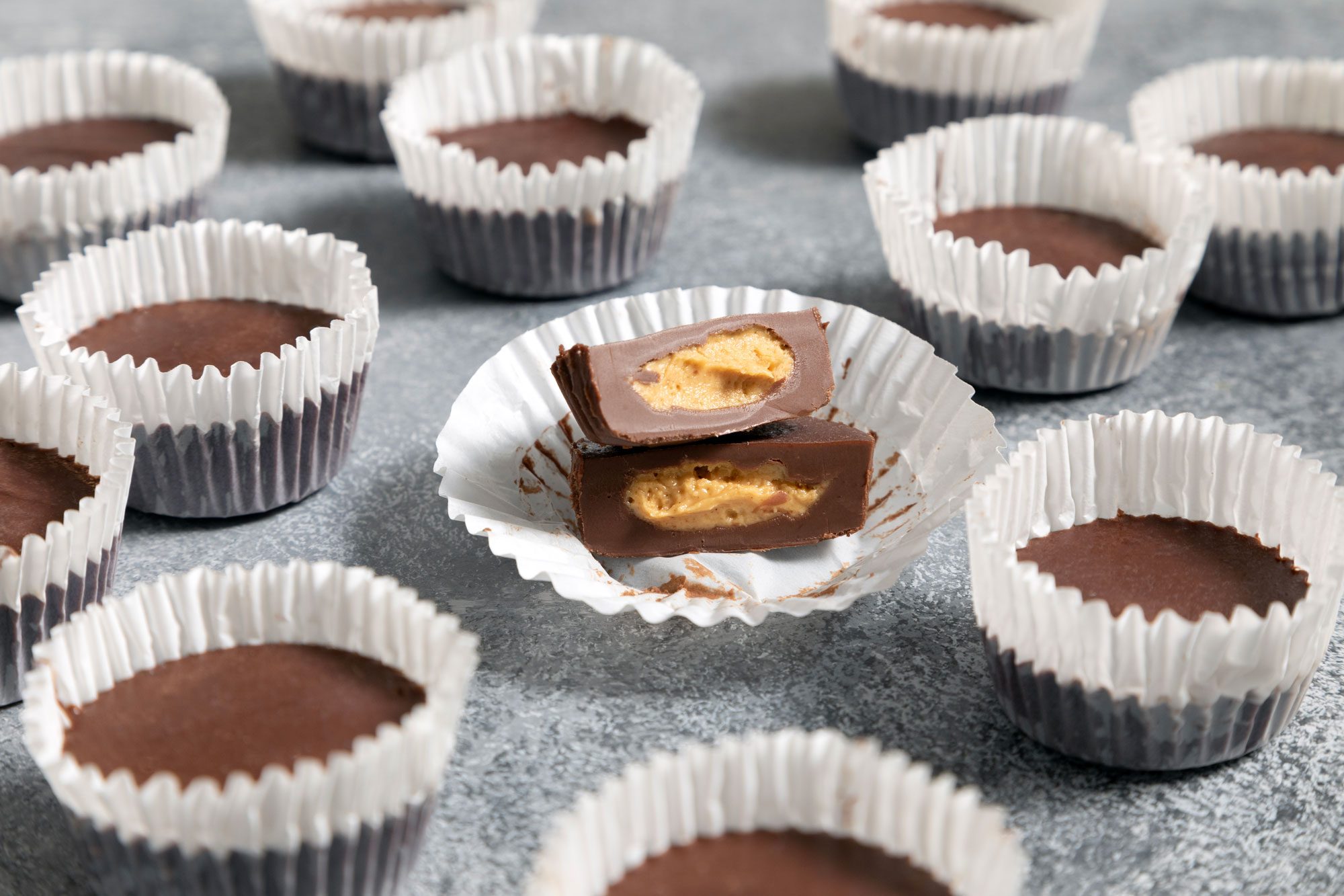 close shot of homemade peanut butter cup; mini muffin cup;