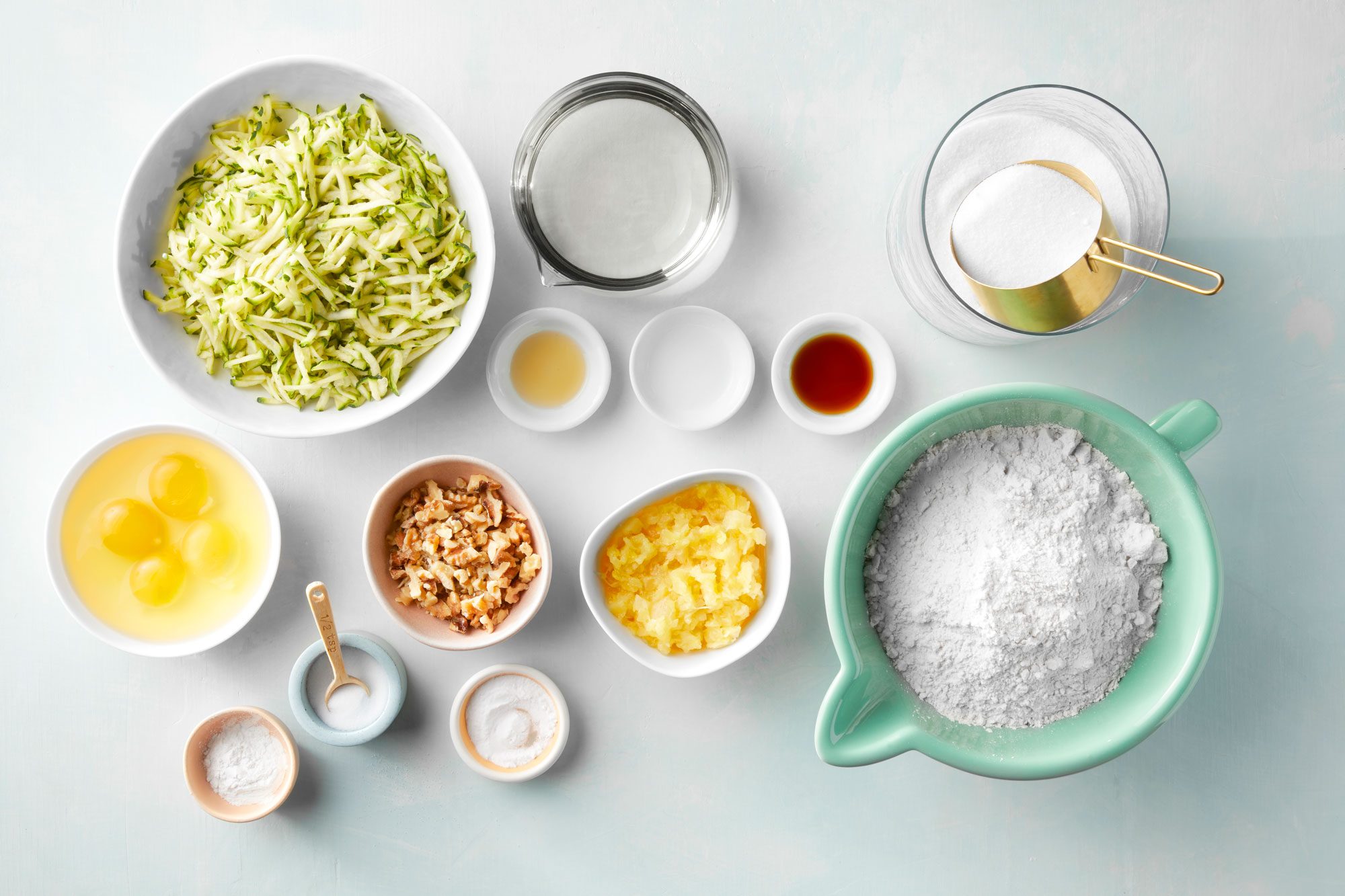 overhead shot of all the ingredients for Pina Colada Zucchini Bread