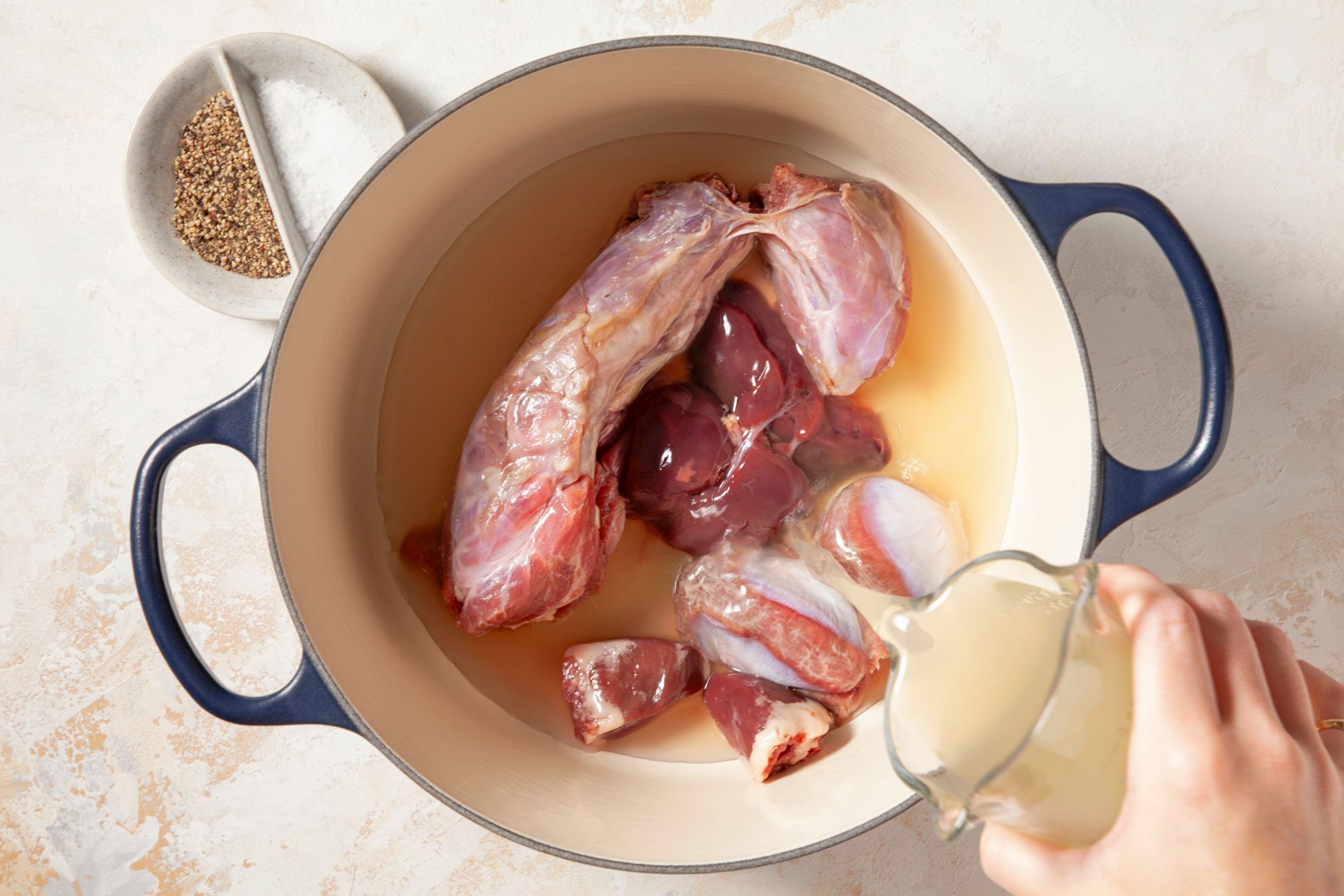 In a large saucepan combine giblets, chicken stock, salt and pepper bring to a boil