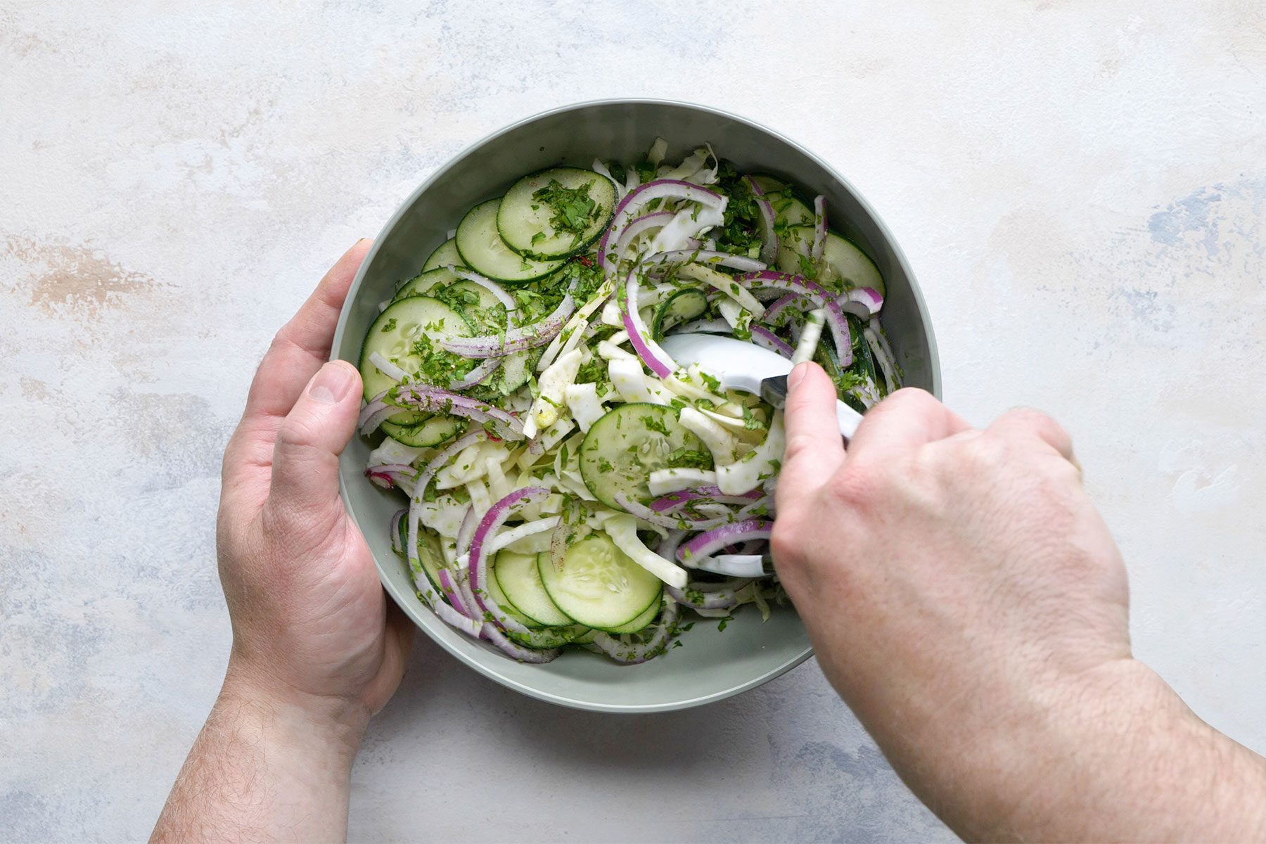 Overhead shot of place the first eight ingredients in a large bowl; spatual; white marble background;