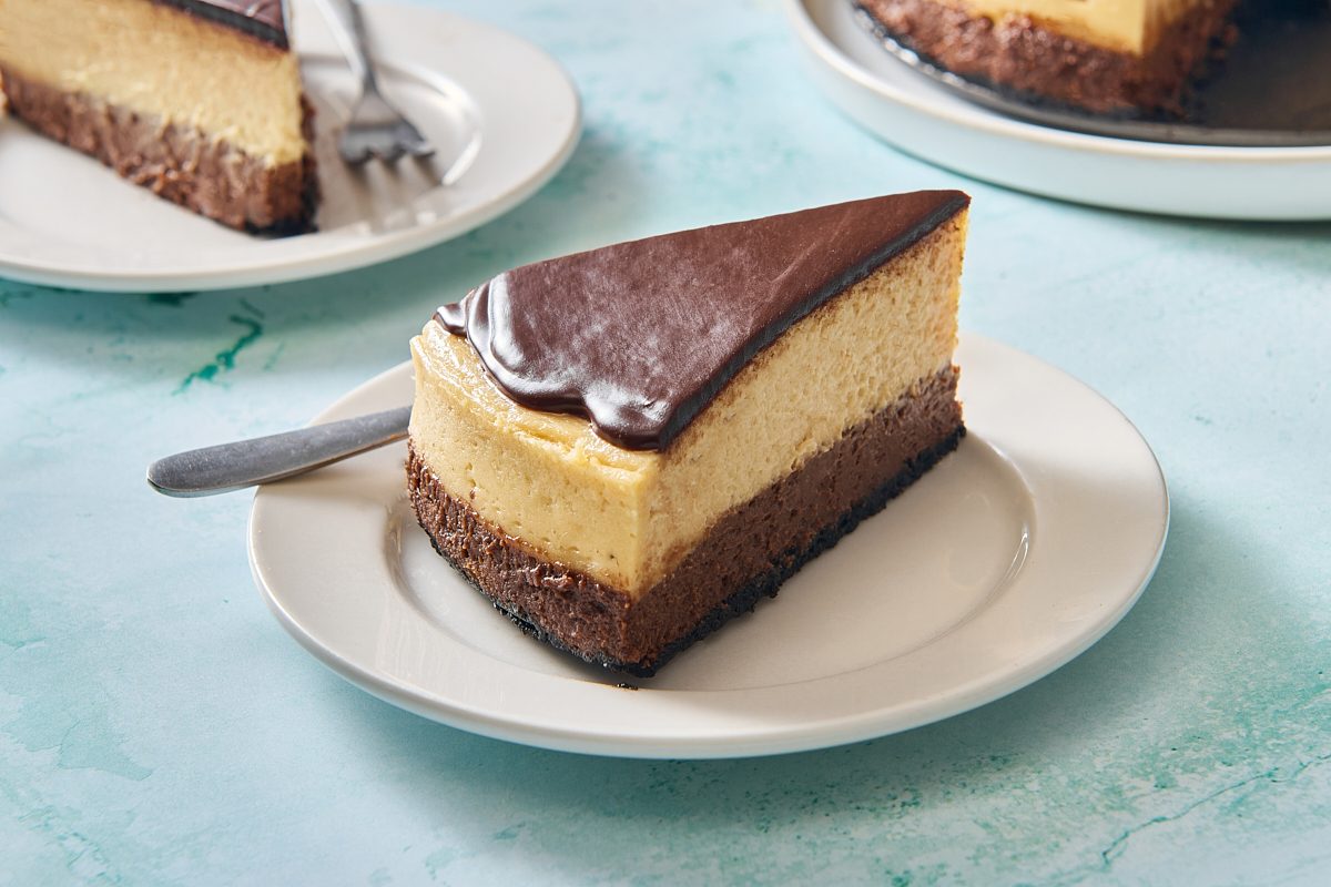 Closeup shot of one slice of Baileys cheesecake on a plate
