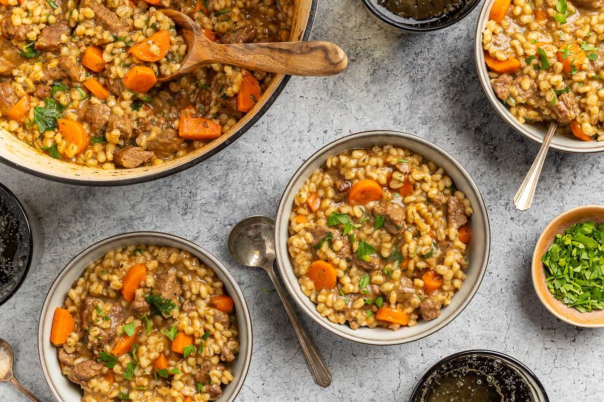 Taste of Home Beef Barley Stew recipe photo of the finished stew served into bowls.