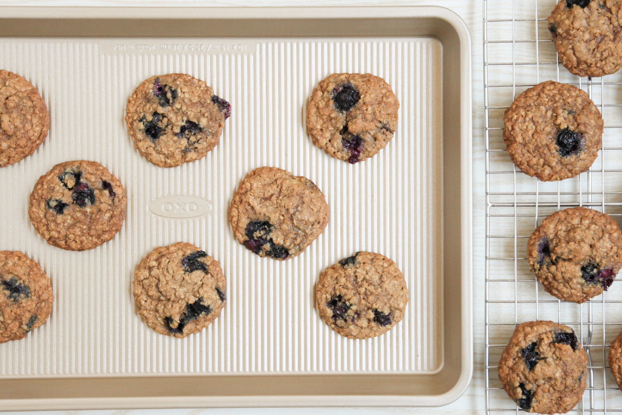 Blueberry oatmeal cookies on a cooling rack