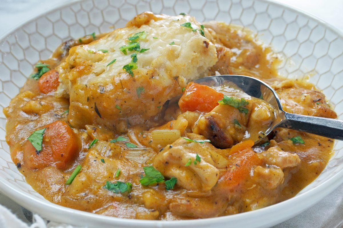 A old-fashioned Crock-Pot Chicken and Dumplings in a bowl with a spoon RMS 201122 for Taste of Home
