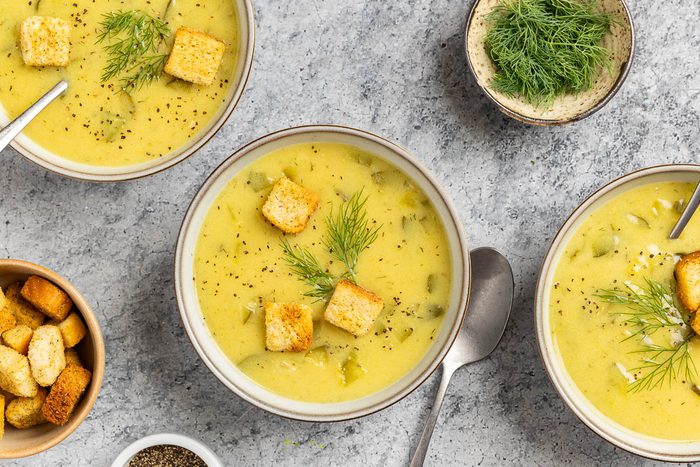 Taste of Home Dill Pickle Soup recipe photo of the finished recipe served into bowls.
