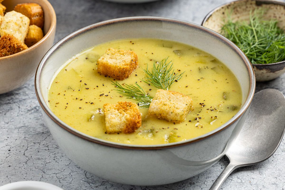 Taste of Home Dill Pickle Soup recipe photo of the finished recipe served into bowls.