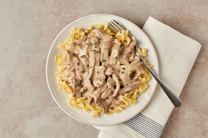This easy beef stroganoff recipe by Taste of home comes together in less than 30 minutes.