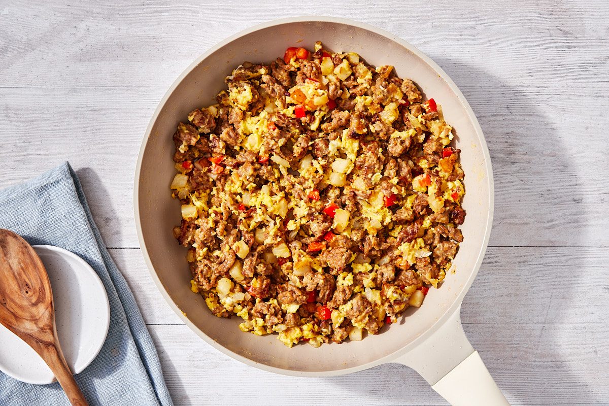 Freezer Breakfast Burritos Step 1- prepared sausage/ egg filling in skillet