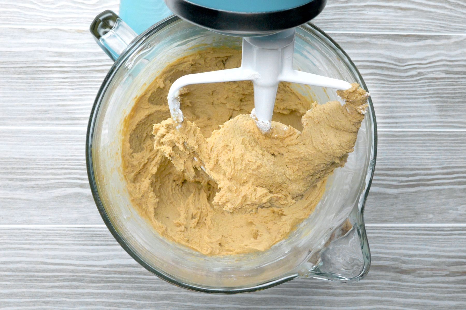 Flour mixture and creamed mixture combined a large bowl.