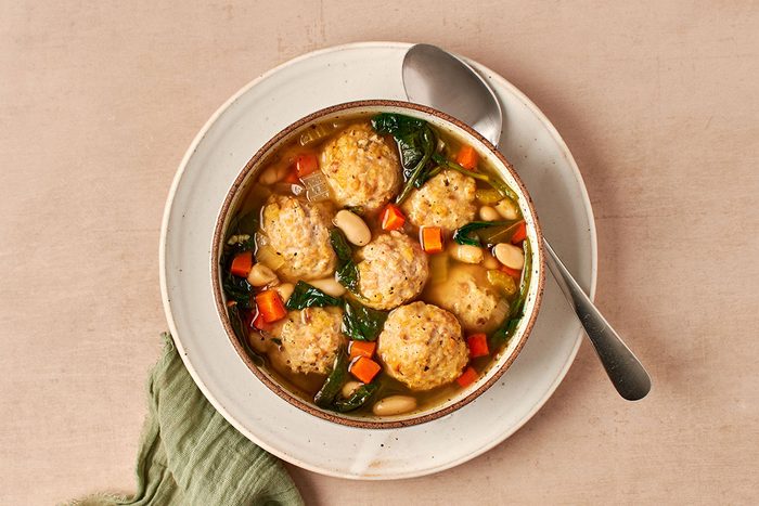 Chicken meatball soup by Taste of Home is a brothy, comforting bowl of vegetables with savory chicken meatballs and tender white beans.