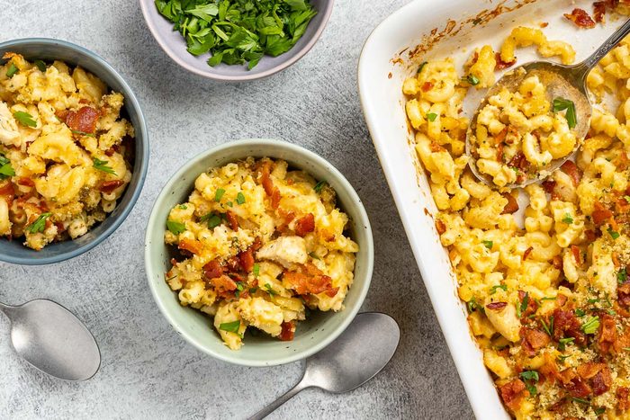 Taste of Home Macaroni and Cheese with Chicken recipe photo of the finished recipe served into bowls.