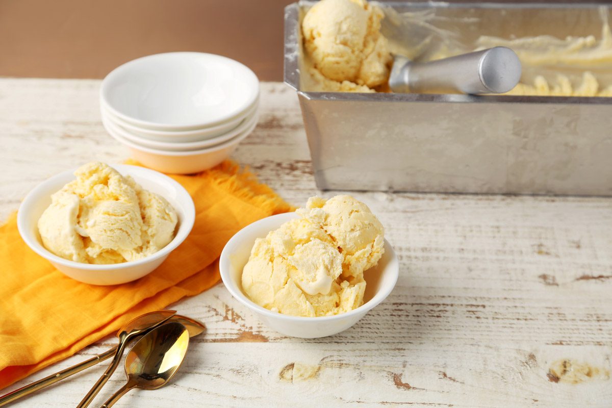 Taste of Home's no-churn Mango Ice Cream served in bowls.