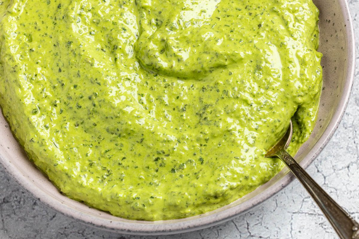 Taste of Home Nut-Free Pesto recipe photo of all the finished recipe in a serving bowl.