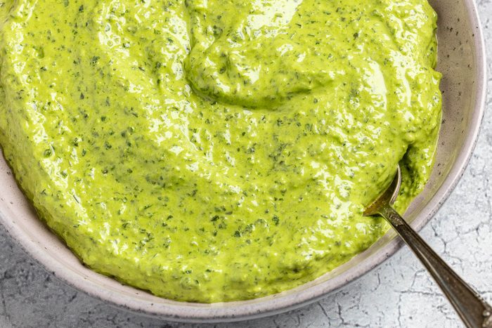 Taste of Home Nut-Free Pesto recipe photo of all the finished recipe in a serving bowl.