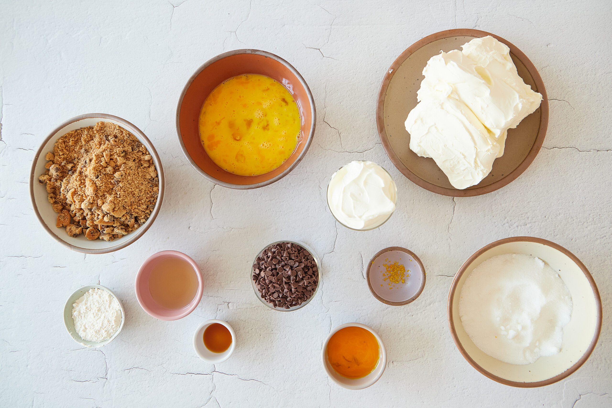 Ingredients for chocolate chip cookie cheesecake