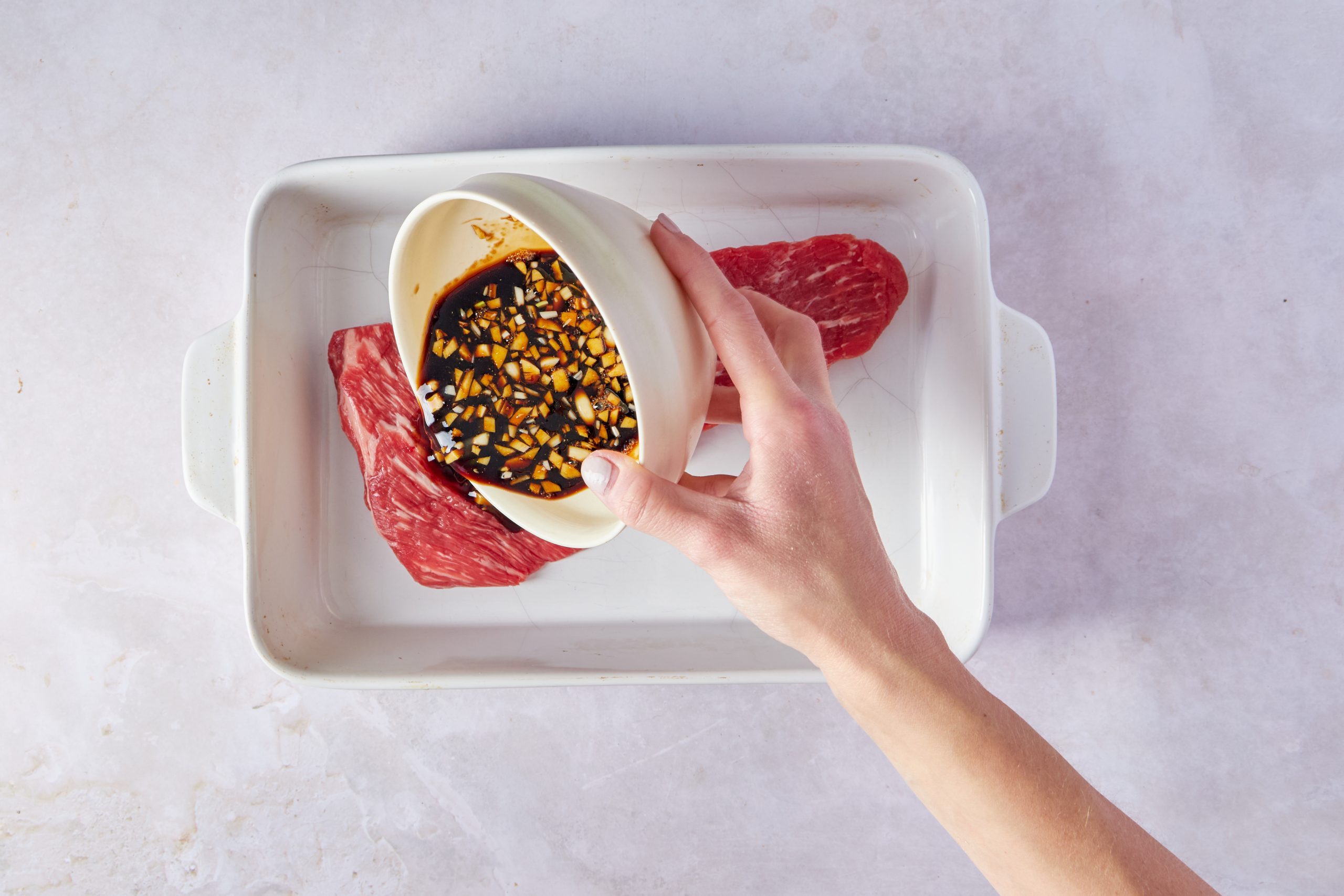 Marinate the steak for teriyaki steak.