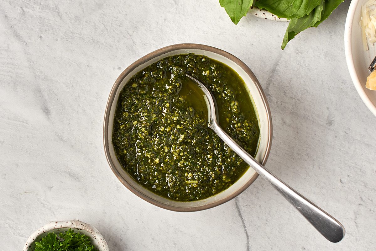 Parsley pesto by Taste of Home is a versatile summer sauce that combines fresh herbs, garlic and Parmesan cheese.