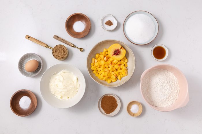 Ingredients for peach cobbler cookies on kitchen counter.